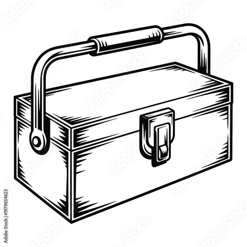 An antique black and white toolbox illustration with a detailed handle and latch silhouette