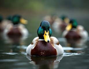Mallard duck swims on water surface with ripples. Male drake with green head, yellow beak floats calmly. Other ducks swim behind in soft focus background.