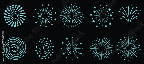 vibrant neon fireworks and abstract light trails on black background