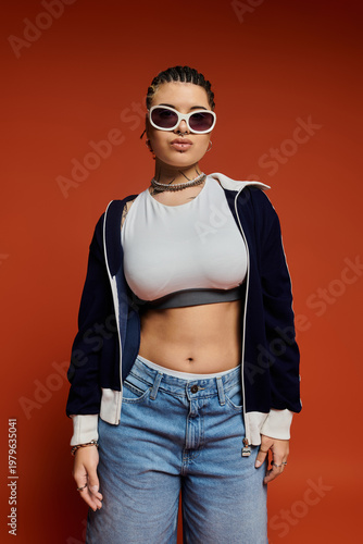 Stylish young woman in casual fashion poses confidently against vibrant backdrop