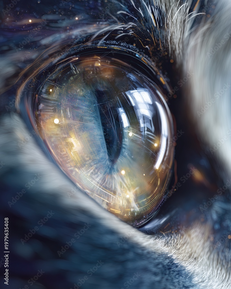 Fototapeta premium Futuristic Cybernetic Animal Eye Close-Up with Digital Reflections and Sci-Fi Details