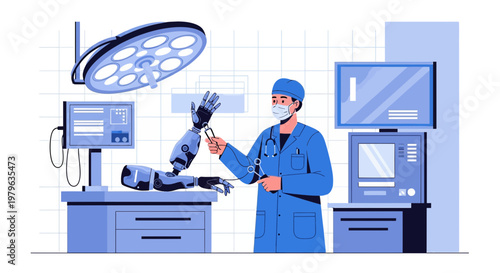 Futuristic surgical innovation: A robotic arm being examined by a medical professional in a modern
