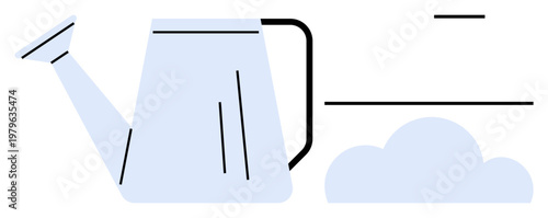 Gardening, sustainability, eco-friendly practices, plant care, outdoor activities, home decor. Minimalistic watering can with plants and clouds. Gardening and environmental care ideas