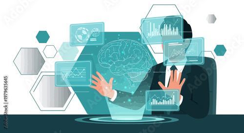 Futuristic technology concept showcasing human brain and data analysis with charts