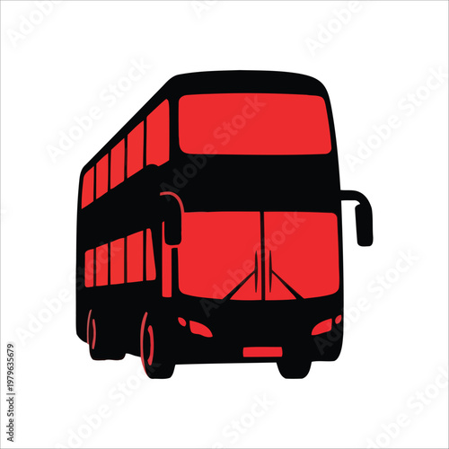 Red and black double decker bus on a white background