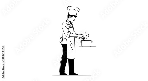 Chef Cooking at Stove Stirring Pot with Steam Culinary Action Illustration Line Art Vector