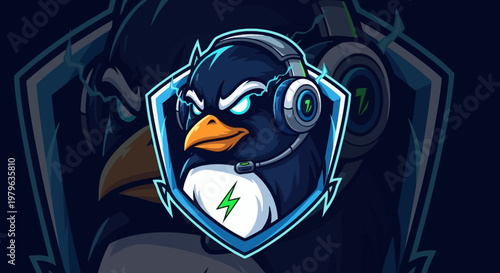 Esports Mascot Penguin Logo with Headset, Gaming Emblem, Digital Art