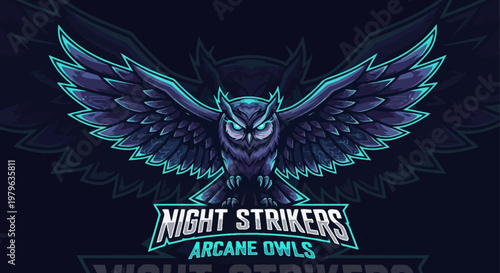 Esports Mascot Logo: Fierce Owl with Wings Spread, Night Strikers Arcane Owls