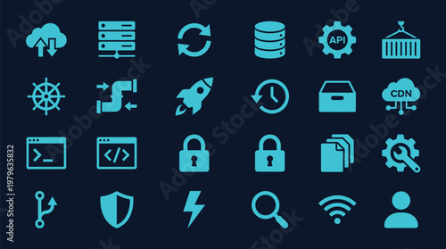 Cloud computing and software development icon set in blue line style, database, coding, security, server, API, DevOps, programming, network and digital technology concept collection