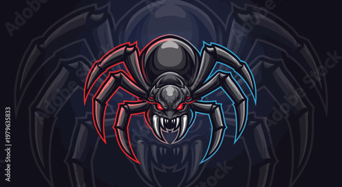 Aggressive Spider Mascot with Glowing Red Eyes and Neon Blue and Red Outline