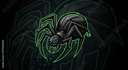 Dark Spider Illustration with Neon Green Outline