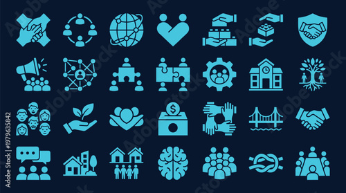 Global community and social impact icon set in blue line style, charity, teamwork, sustainability, education, healthcare, environment, social responsibility and humanitarian concept collection