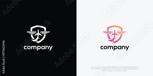 Aviation Security Travel Logo Design with Airplane and Shield.