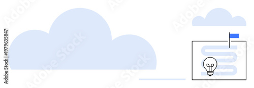 Cloud computing concept. Cloud icons illustrate digital storage and connectivity. A lightbulb and map suggest innovation and strategic planning. For technology, IT services, innovation, business