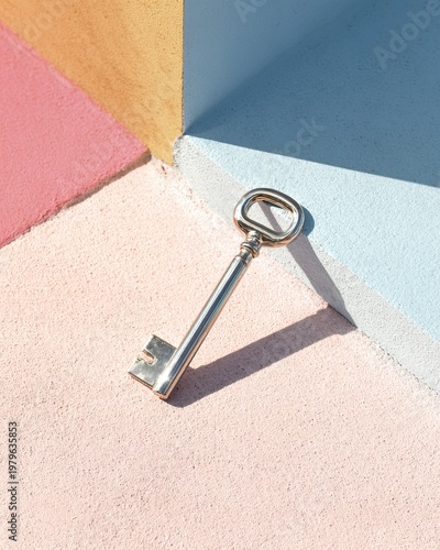 Chrome Vintage Key on Colorful Geometric Background Representing Opportunity and Unlocking Potential in Pastel Tones