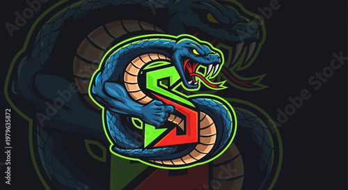 Aggressive Blue Snake Mascot Holding Green and Red Letter S