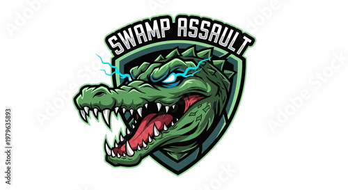 Aggressive Alligator Head Logo with Lightning Eyes, Swamp Assault Emblem