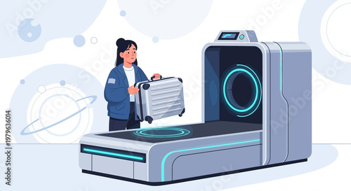 Futuristic travel safety illustration of a passenger and luggage scanning technology
