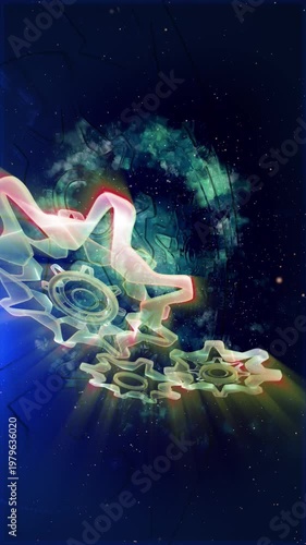 Abstract glowing gears rotating in outer space, surrounded by glowing particles and energy clouds, symbolize movement, technology and dynamic mechanical systems in a futuristic, surreal visual style.
