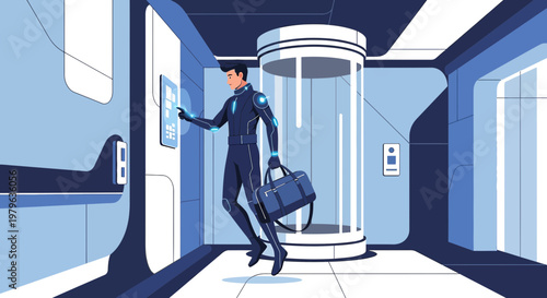 Futuristic traveler interacts with advanced technology inside of sleek terminal