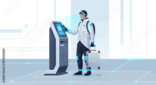 Futuristic traveler interacts with information kiosk with advanced technology interface