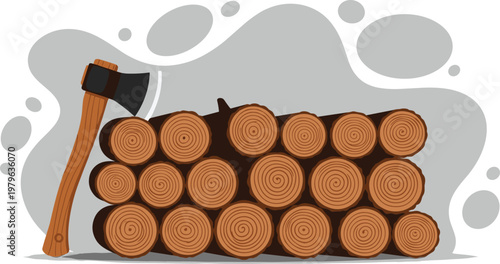 Stack of wooden logs with axe, firewood and lumber concept illustration isolated vector for forestry, wood industry and outdoor design
