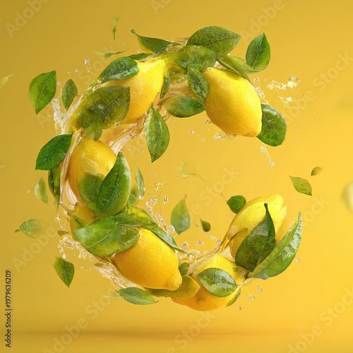 Dynamic Splash of Fresh Lemons and Green Leaves Against Vibrant Yellow Background Capturing Refreshing Citrus Energy