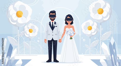 Futuristic virtual reality wedding ceremony with bride and groom illustration design