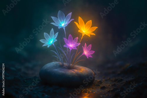 Bioluminescent glowing flowers on dark mystical background