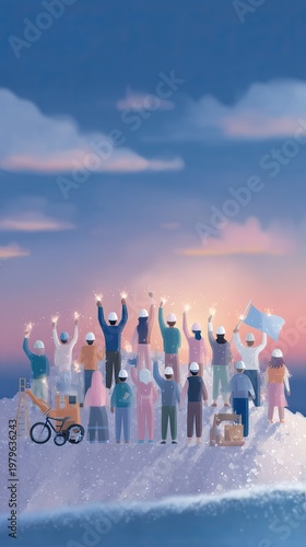 Illustration of Diverse Group Celebrating Success and Unity on Mountain Top Under a Sunset Sky with Sparkling Lights