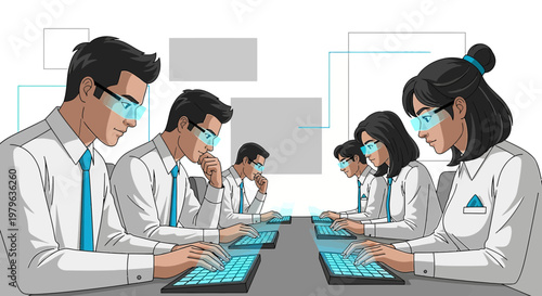 Futuristic vision of collaborative teamwork in a technologically advanced virtual meeting