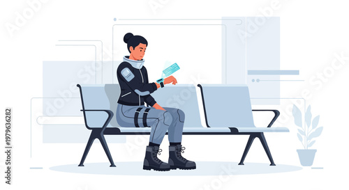 Futuristic woman interacts with augmented reality on her wrist while sitting on a bench in a