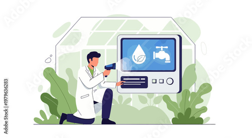 Futuristic water management system monitored by scientist in a climate-controlled environment