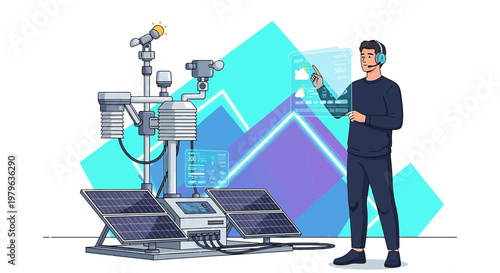 Futuristic weather station powered by solar energy with an operator monitoring data
