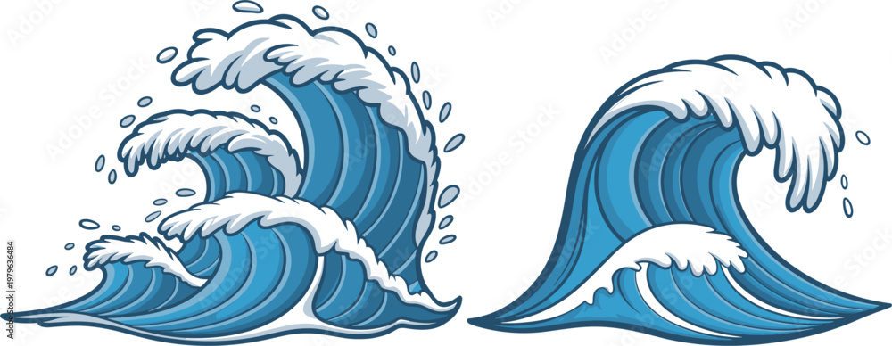 Obraz premium Cartoon ocean waves illustration, dynamic sea water splash elements for summer design vector