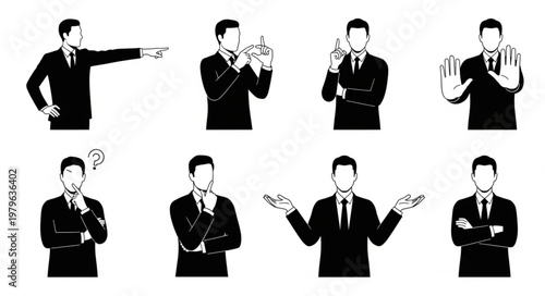 Businessman in Suit Making Various Hand Gestures.