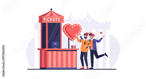 Gay Couple Buying Tickets at Amusement Park with Heart Symbol