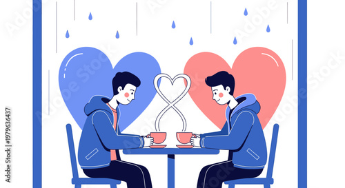 Gay Couple Enjoying Coffee Date Under Heart-Shaped Rain