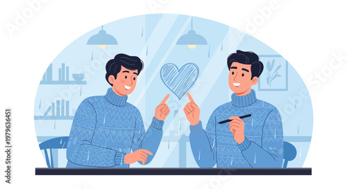 Gay Couple Creating Love Heart Symbol Together, LGBTQ+ Romance Illustration