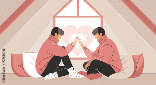 Gay Couple Holding Hands in Cozy Room with Heart Window - Love and Romance Illustration