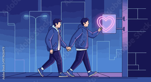 Gay Couple Holding Hands, Interacting with Neon Heart Icon in Futuristic City