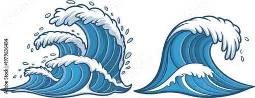 Cartoon ocean waves illustration, dynamic sea water splash elements for summer design vector