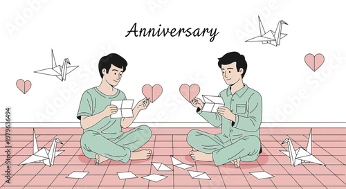 Gay Couple Making Origami Hearts for Anniversary Celebration
