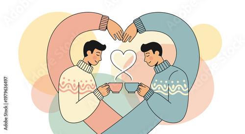 Gay Couple Holding Coffee Cups Forming Heart Shape, Romantic Love Illustration