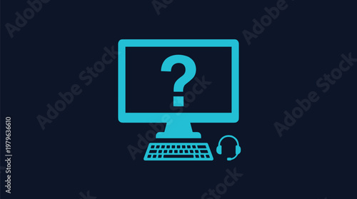 Technical support and troubleshooting icon in blue line style, computer with question mark and headset, online help desk service, IT support assistance, problem solving concept illustration