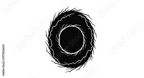 Abstract black and white circular design features a central void surrounded by jagged, lightning-like elements, creating a dynamic visual.