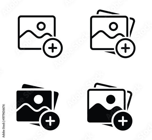 Add image photo icon vector set, attach picture, upload media, and edit album symbols for mobile apps, web UI, and digital interface design