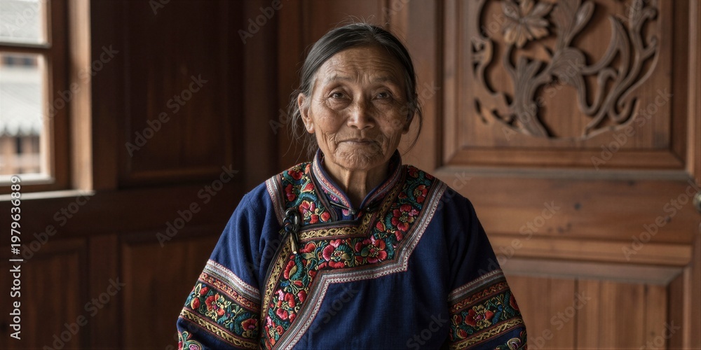 Obraz premium An elderly indigenous woman sits serenely indoors, surrounded by wooden panels and natural light, exuding quiet dignity with her wrinkled face and dark hair.