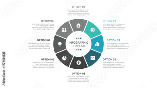 Circular business infographic template with 8 options or steps for process diagram and data visualization