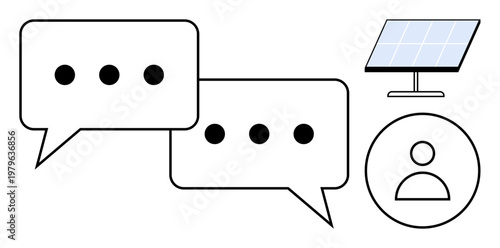 Renewable energy, green technology, communication, sustainability, social networks, connected user. Speech bubbles, solar panel circular user icon. Renewable energy and green technology concept
